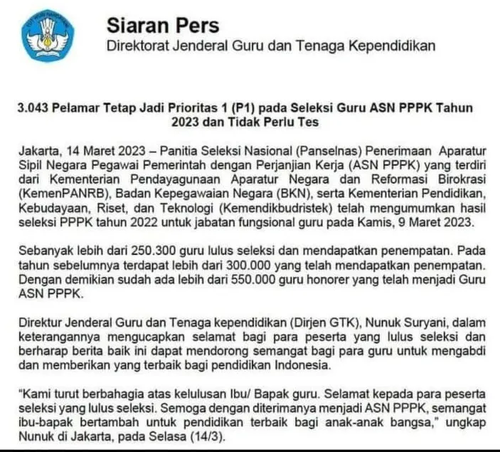 4 Point Penting Pelamar Prioritas 1 P1 PPPK Guru Belum Mendapatkan