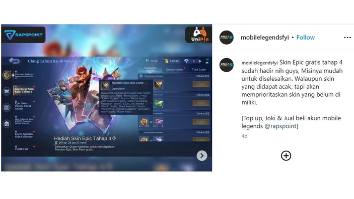 Kode Redeem ML Hari Ini 11 Oktober 2024 Reward Skin Epic Gratis Game