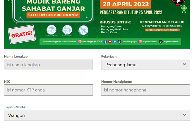 Link Dan Cara Daftar Mudik Gratis Sahabat Ganjar Syarat Daftar