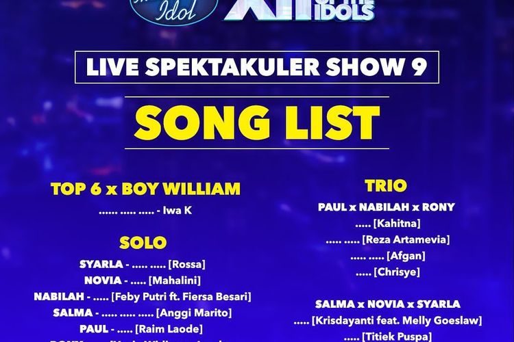 Daftar Lagu Yang Dinyanyikan 6 Kontestan Indonesian Idol Top 6 Malam