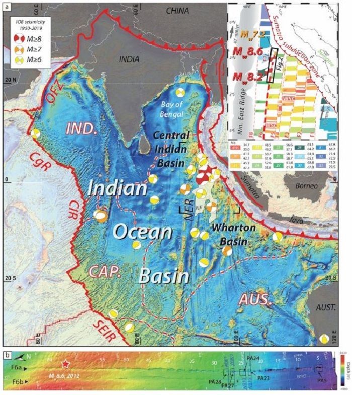 PETA yang menunjukkan Wharton Basin, tempat gempa berkekuatan 8,6 dan 8,2 pada tahun2012 (titik merah dan putih).*