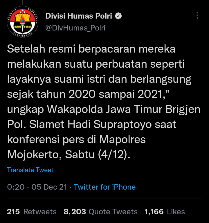 Cuitan Twitter Polri Terkait Kasus Novia Widyasari Menuai Komentar