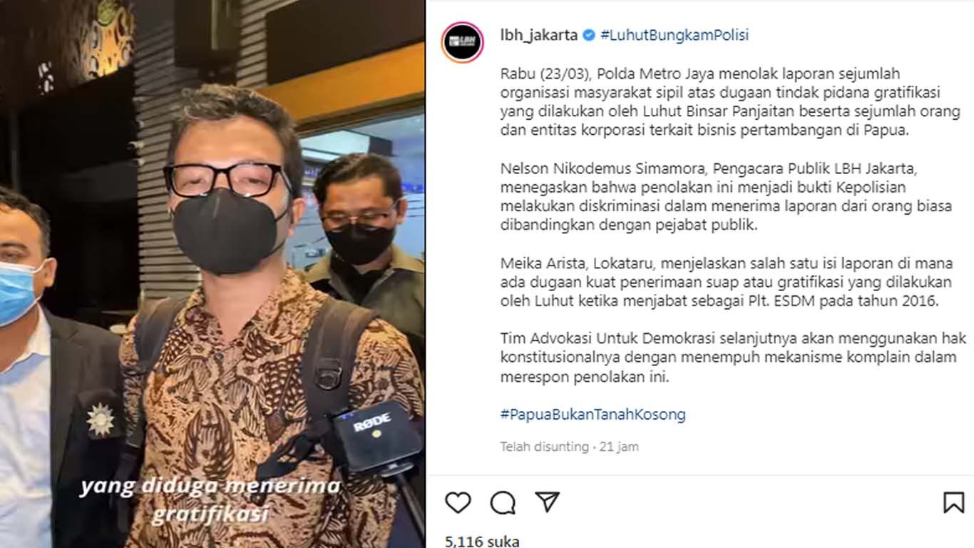 Alasan Polisi Tolak Laporan Dugaan Gratifikasi Luhut Dinilai Tak Jelas