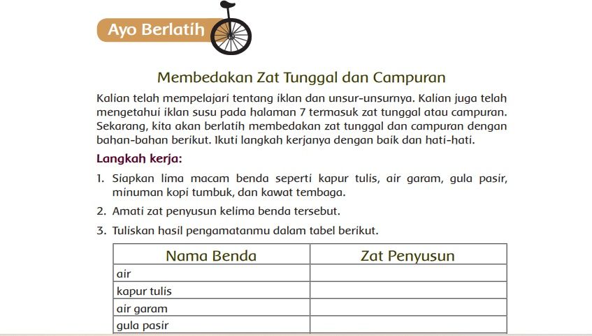 KUNCI JAWABAN Tema 9 Kelas 5 Halaman 10 Perbedaan Zat Tunggal Dan Zat