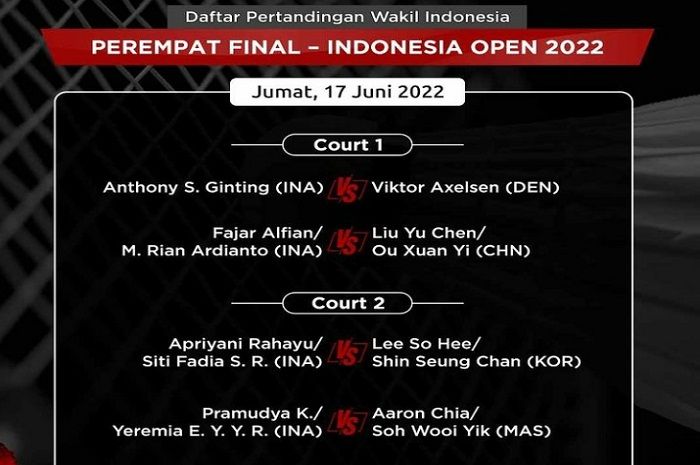 Jadwal Indonesia Open Jumat Juni Wakil Indonesia Di Perempat