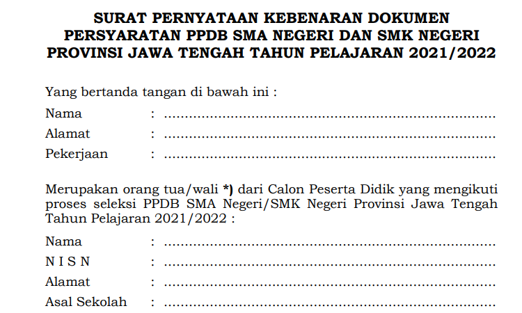 Ini Surat Pernyataan Kebenaran Dokumen Ppdb Jateng Daftar Ppdb