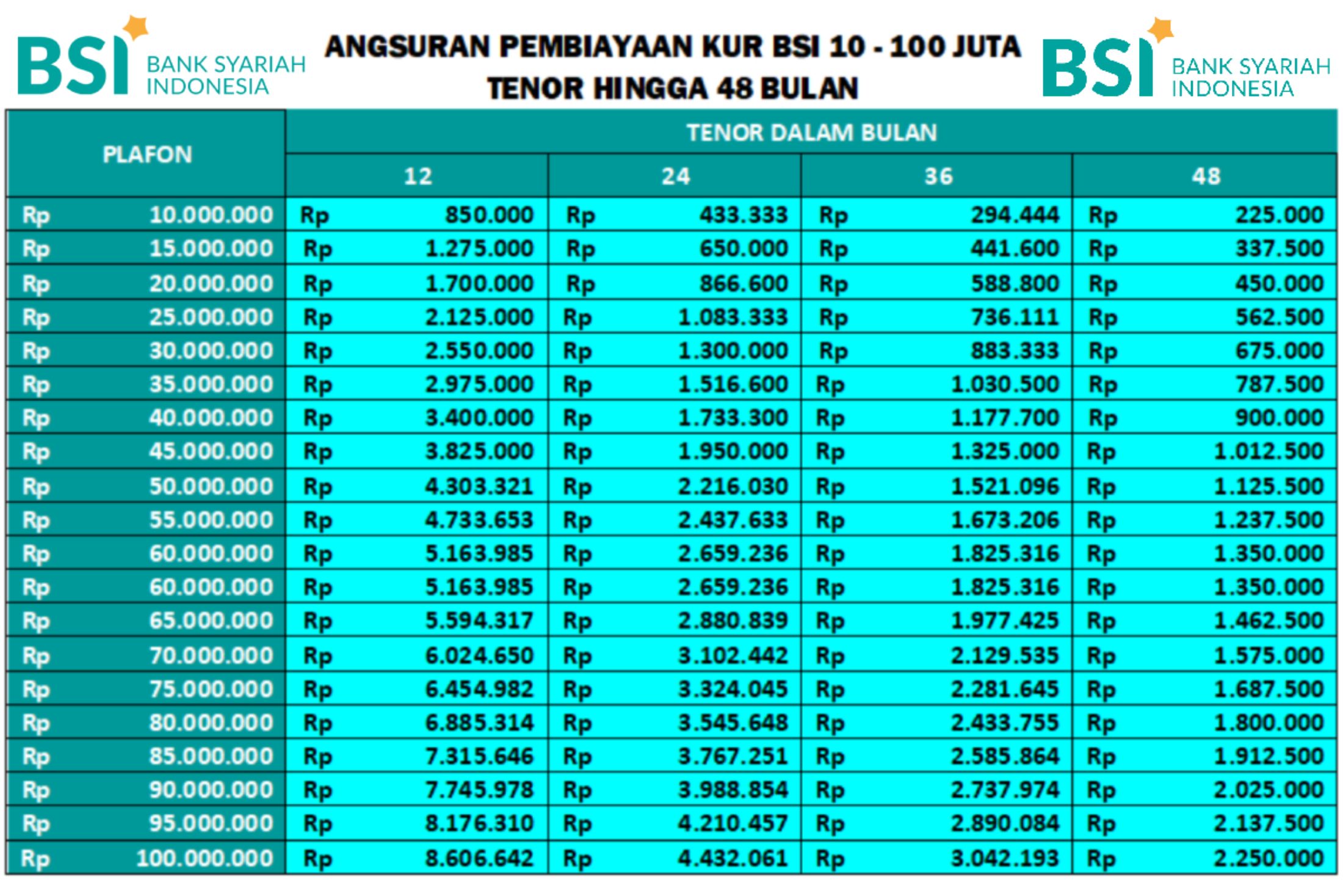 KUR BSI Tanpa Jaminan Dan Tanpa Bunga Ini Tabel KUR BSI 2024 10 100