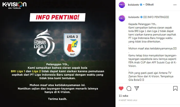 K Vision Benarkan Adanya Pemutusan Sepihak Hak Siar BRI Liga 1 Dan Liga