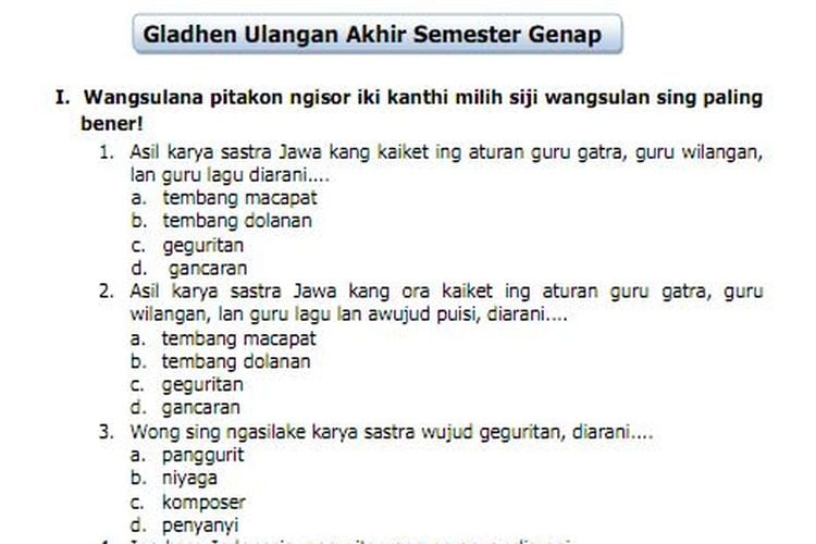 Kunci Jawaban Bahasa Jawa Kelas Halaman Gladhen Ulangan Akhir