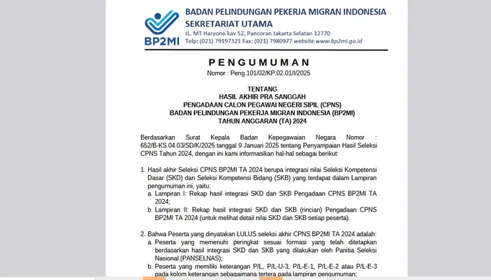 Pengumuman Hasil Integrasi Skd Skb Dan Kelulusan Cpns Bp Mi