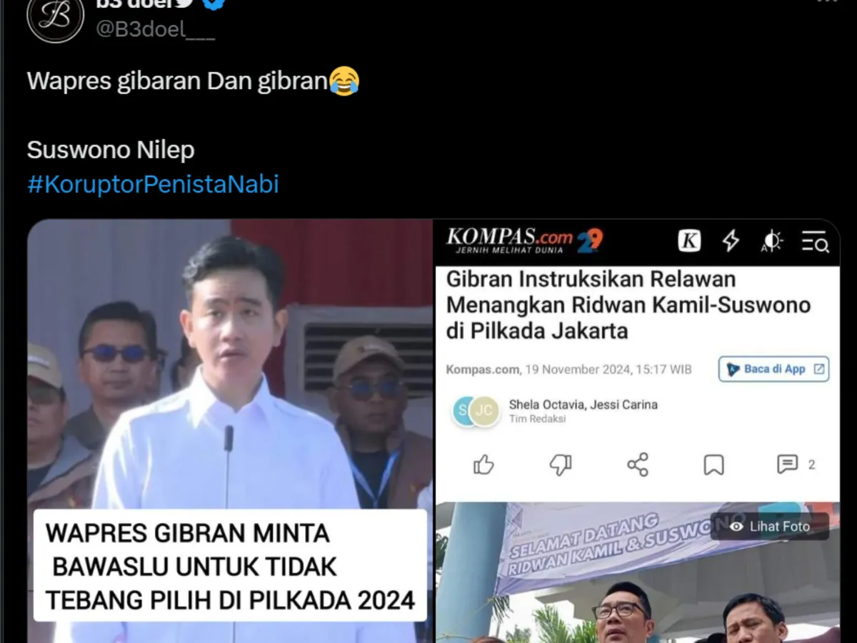 Wakil Presiden Gibran dianggap plin-plan, minta Bawaslu tindak tegas pelanggaran, tapi anak Jokowi justru dukung Cagub Jakarta. X @B3doel___