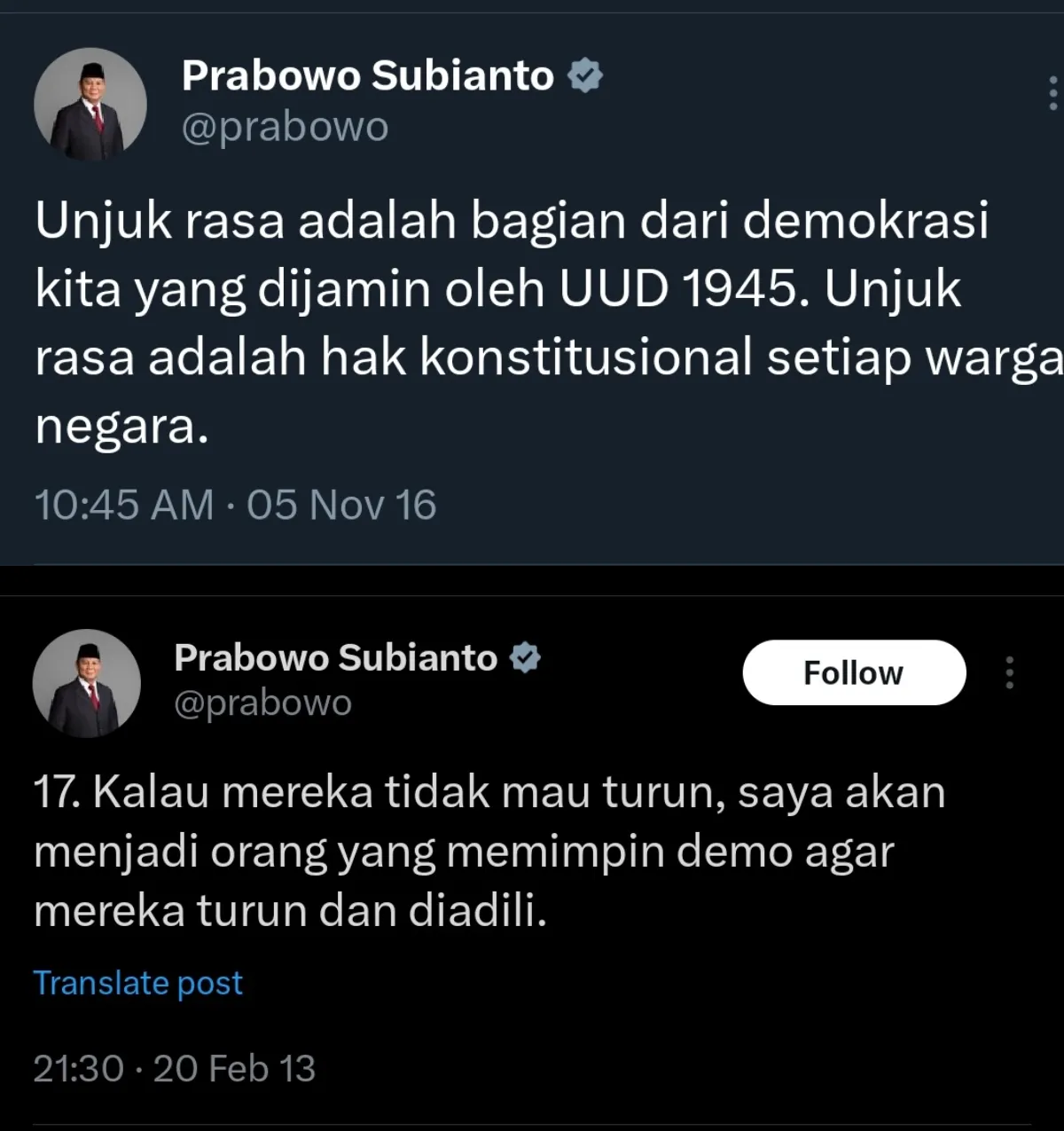 Cuitan lama Prabowo yang mendukung demo, kini viral sang presiden disebut alergi terhadap demonstrasi menurut eks Menteri Satryo. Kolase foto X