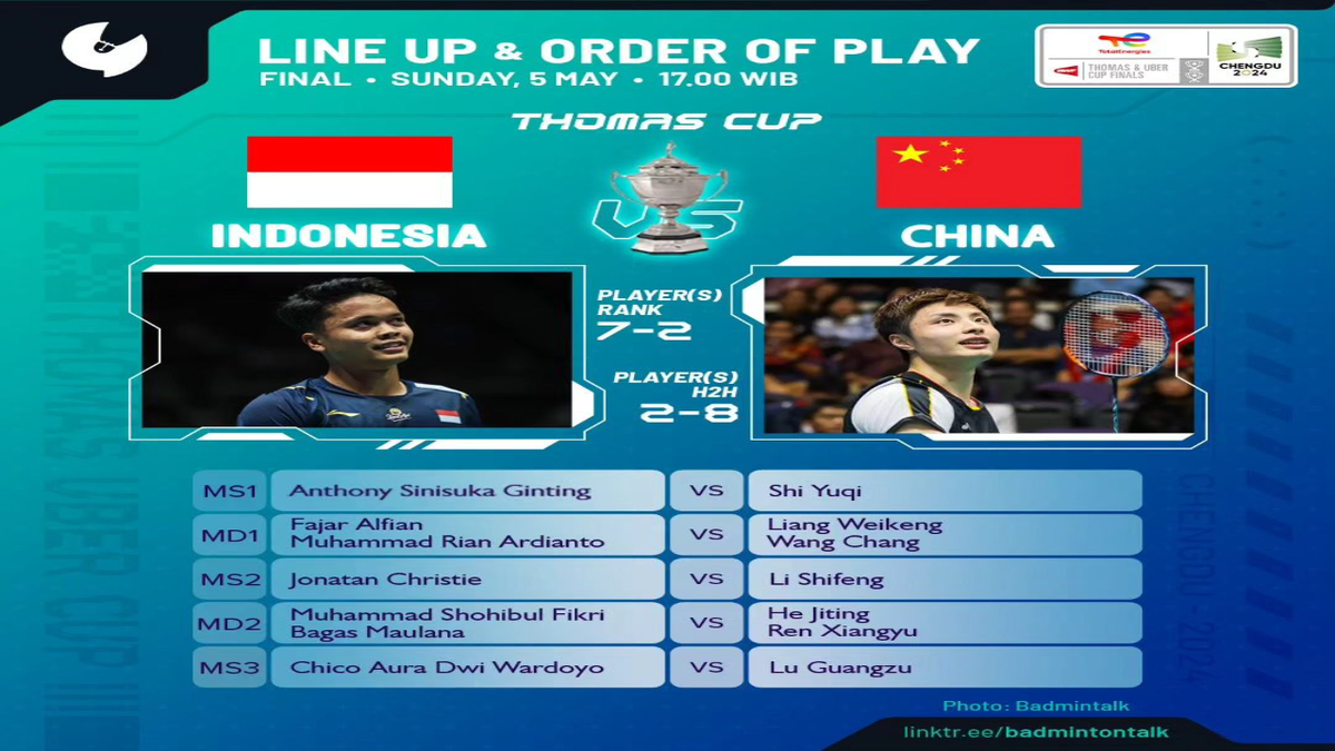 Link Live Streaming hingga Susunan Laga Final Thomas Cup 2024 antara