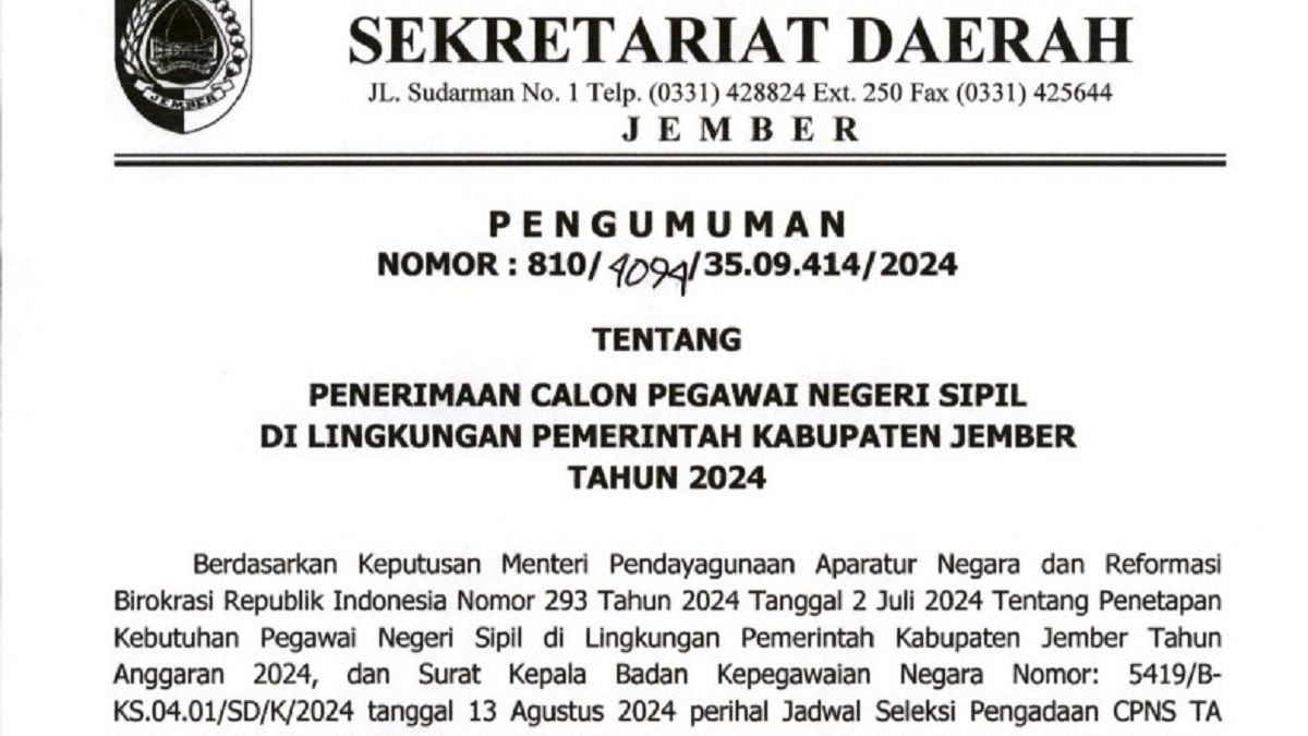 Rincian formasi CPNS Pemkab Jember 2024, Ada Formasi untuk Lulusan SMK