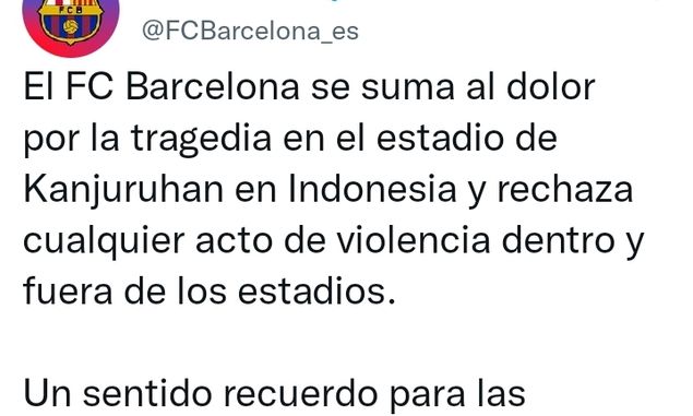  FC Barcelona Ucapkan Belasungkawa Atas Terjadinya Tragedi Kerusuhan di Stadion Kanjuruhan, Begini Katanya
