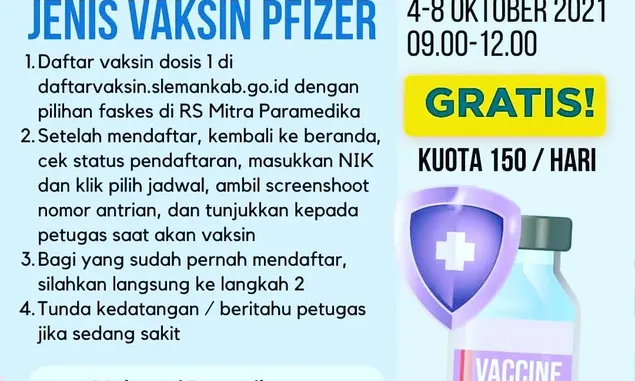 Link daftarvaksin.slemankab.go.id untuk Vaksinasi di RSU Mitra Paramedika, Vaksin Pfizer: 4-8 Oktober 2021