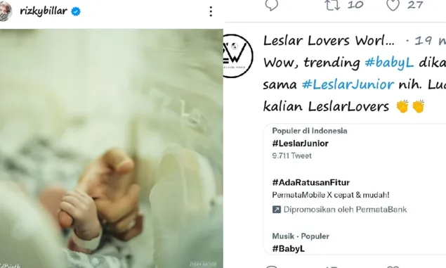 Hashtag LeslarJunior dan BabyL Trending di Twitter, Anak Pertama Lesti Kejora dan Rizky Billar Banjir Doa
