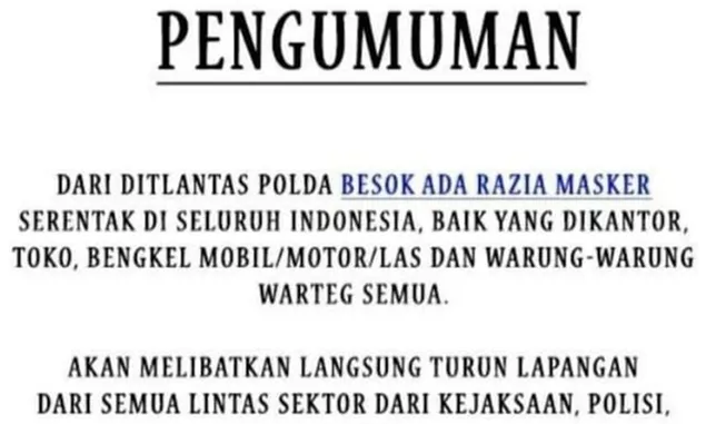 Cek Fakta: Akan Ada Razia Masker di Seluruh Indonesia, Pelanggar Didenda Rp250 Ribu di Tempat! Begini Faktanya