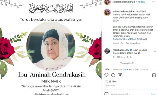 Aminah Cendrakasih Meninggal Dunia di Usia 84 Tahun