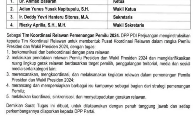 Beredar di Group WA Surat Tugas Tim Partai PDI-P Untuk Pemenangan Pemilu 2024, Inilah Nama-nama Dan Tugasnya
