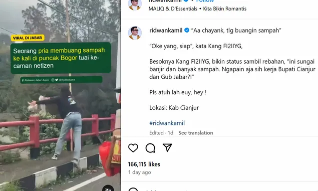 Ridwan Kamil Viralkan Pembuang Sampah dari Mobil ke Sungai di Cianjur