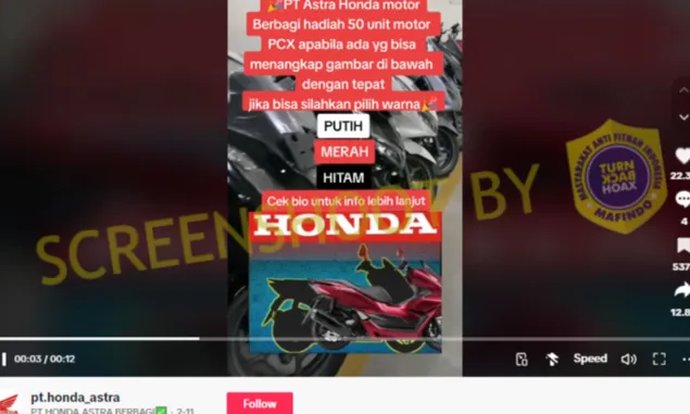 Hati-hati! Beredar Giveaway Motor PCX Palsu Mengatasnamakan PT Astra Honda Motor di TikTok Palsu