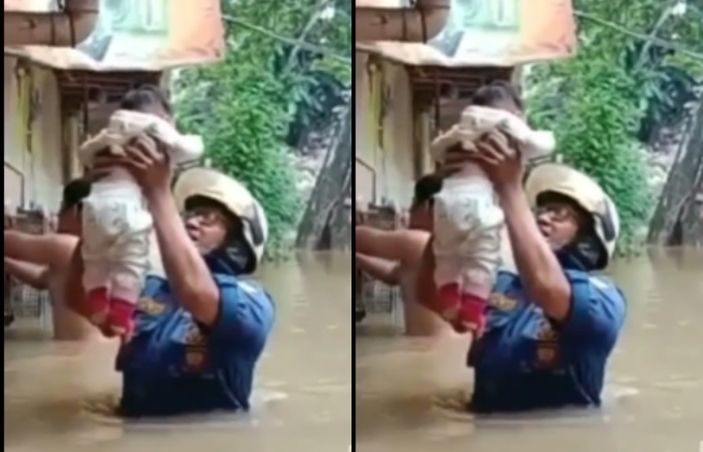 Momen Evakuasi Bayi yang Terjebak Banjir Setinggi Satu Meter Lebih, Netizen: ya Allah