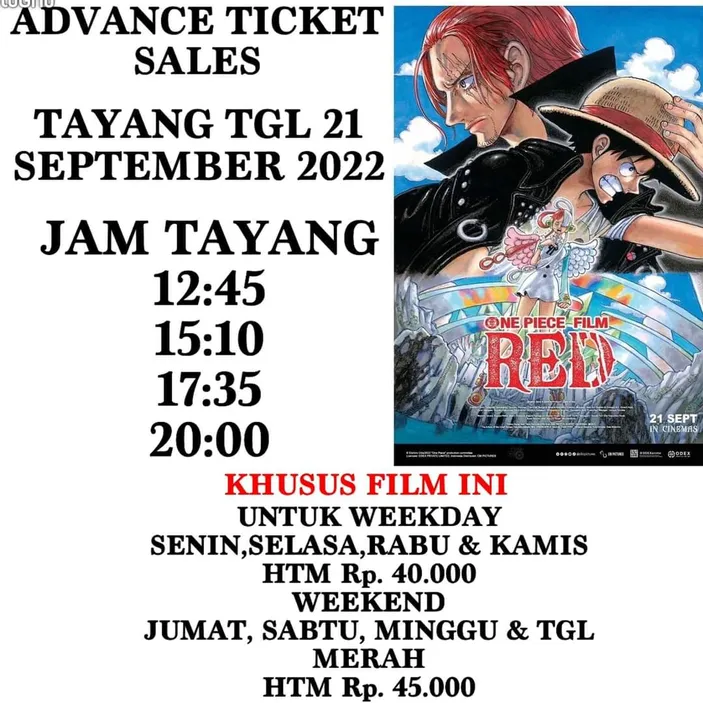 Info Harga Tiket ‘one Piece Film Red Di Bioskop Cgv Cinema Xxi Hingga Cinepolis Hingga Link 3643