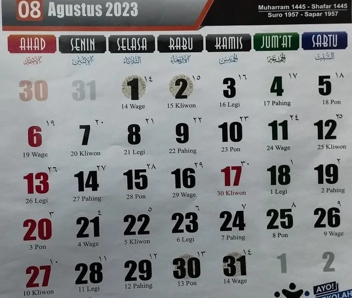 Kalender Jawa Hari Kamis 17 Agustus 2023 Lengkap Weton, Neptu, dan ...