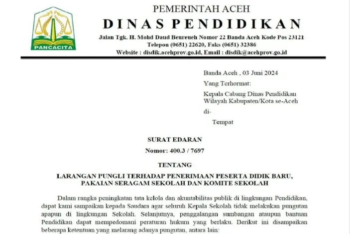 Disdik Aceh Larang Keras Pungli PPDB Di Aceh, Ini Isi Surat Edaran ...