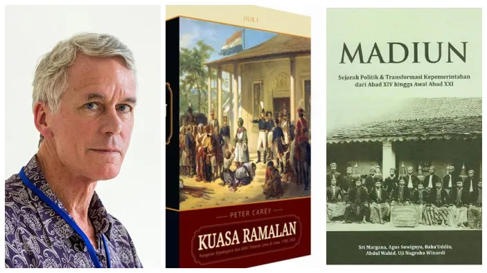 Sejarawan Peter Carey (kiri), buku karyanya berjudul Kuasa Ramalan (tengah), dan buku Madiun (kanan) yang di dalamnya ada 1 bab hasil tulisan Carey tanpa penyebutan sumber yang berasal dari buku Kuasa Ramalan. Kolase foto Wikimedia Commons dan X @gumpnhell