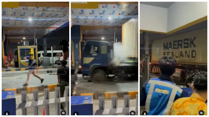 Tersedia kronologi truk container "Maersk Sealand" di Medan yang menabrak 2 mobil dan gerbang Tol Tanjung Mulia, instansi Dishub dicari publik. Kolase foto @nusantaraberitaofficial