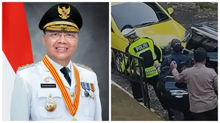 Gubernur Bengkulu Rohidin Mersyah (kiri) kena OTT KPK, tapi tak terlihat diborgol, justru memakai jaket polisi lalu lintas (kanan). Kolase foto Bengkulu Prov dan Pikiran-rakyat.com