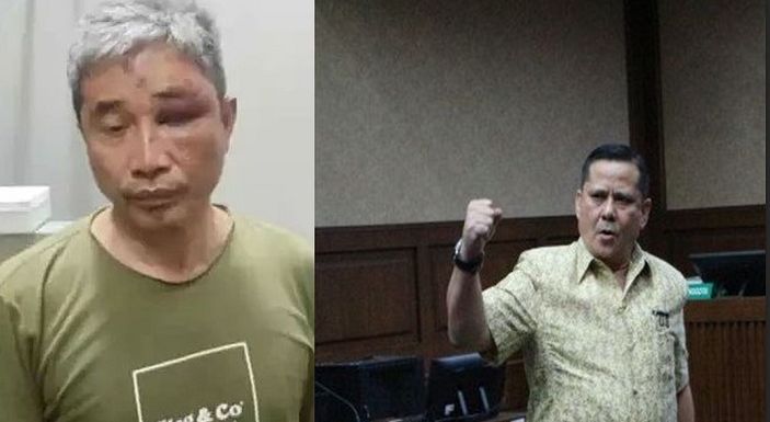 Kolase foto diduga wajah M Kece babak belur dan Napoleon Bonaparte saat menghadiri persidangan dirinya.