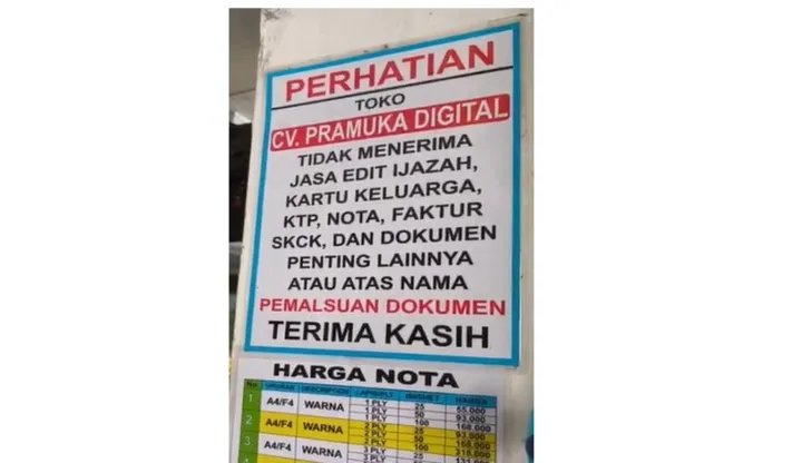 Percetakan Pasar Pramuka Kompak Pasang Pengumuman Tidak Menerima Jasa Edit  atau Cetak Ijazah Palsu - Seputar Cibubur