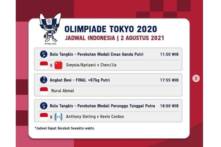 Jadwal atlet indonesia di olimpiade tokyo besok 2 agustus