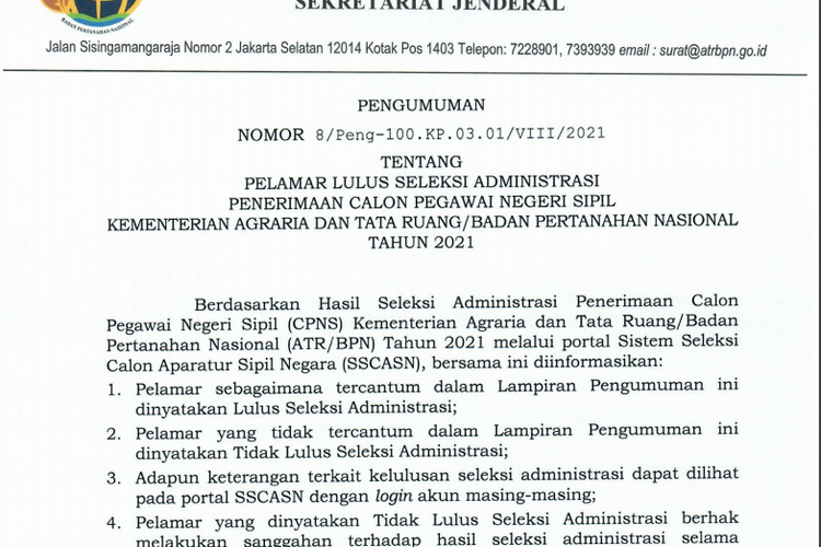 Link Download Pengumuman Hasil Seleksi Administrasi CPNS ATR/BPN 2021 ...