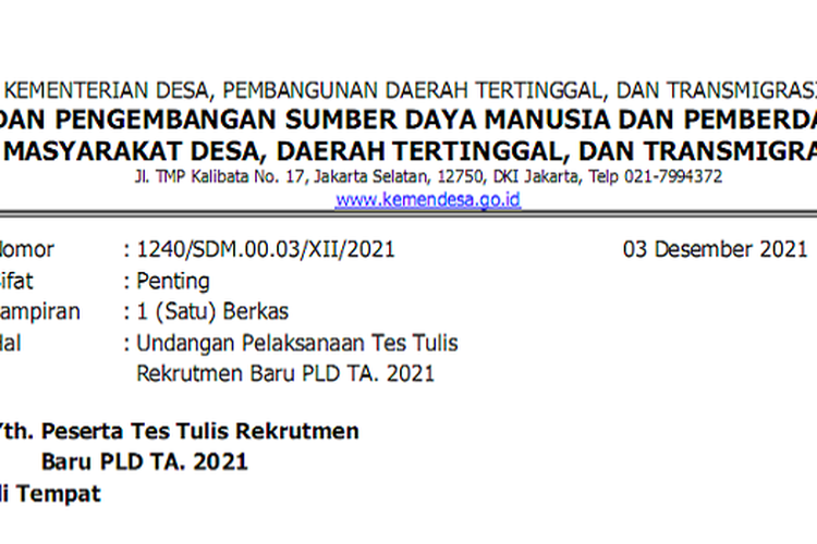 Pengumuman Dan Cara Cek Hasil Tes Tulis Pld Kemendesa Di Rekrutmenpld Kemendesa Go Id