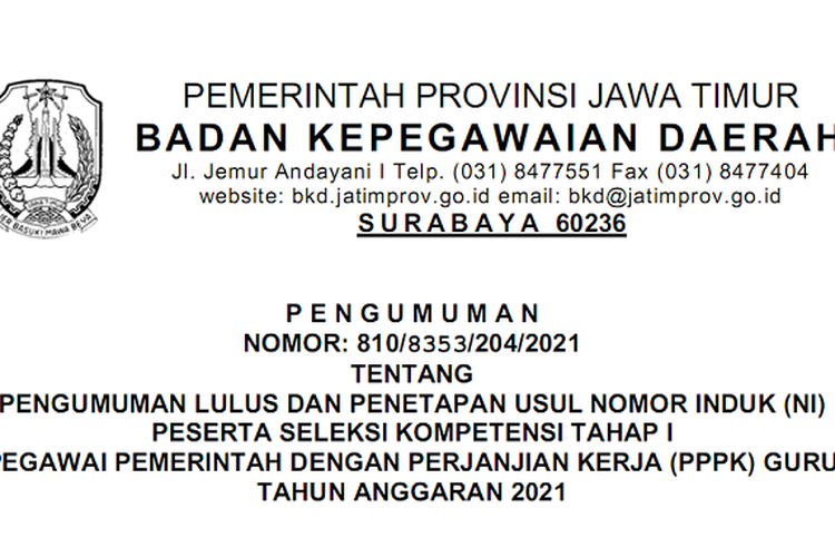 LINK Pengumuman CPNS Pemprov Jatim 2021, Cek Kelulusan PPPK Tahap 1 ...