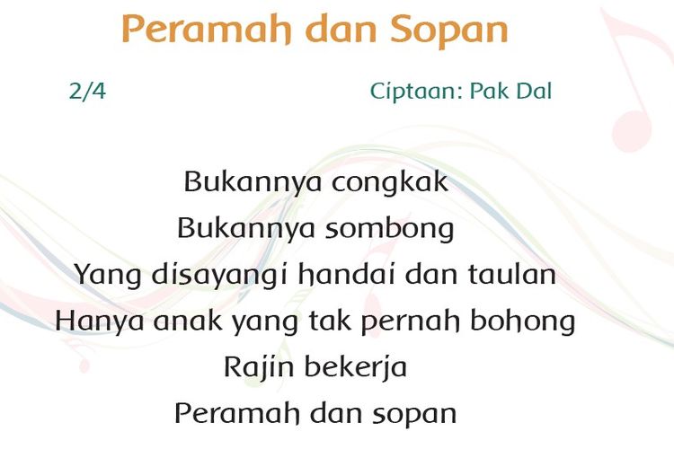 Tanda Panjang dan Pendek Lagu 'Peramah Sopan' pada Kunci Jawaban Tema 1