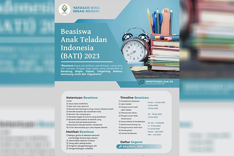 Ada Beasiswa BATI 2023 Bagi Siswa Kelas 9 untuk Melanjutkan ke Jenjang SMA/MA, Simak Syaratnya