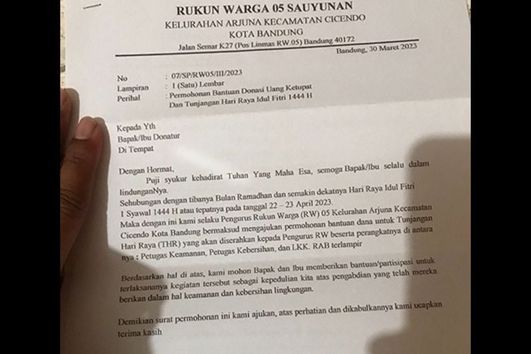 Warga Bandung Keluhkan Surat Permintaan Uang THR dari RW, Total Anggaran Rp19,6 Juta