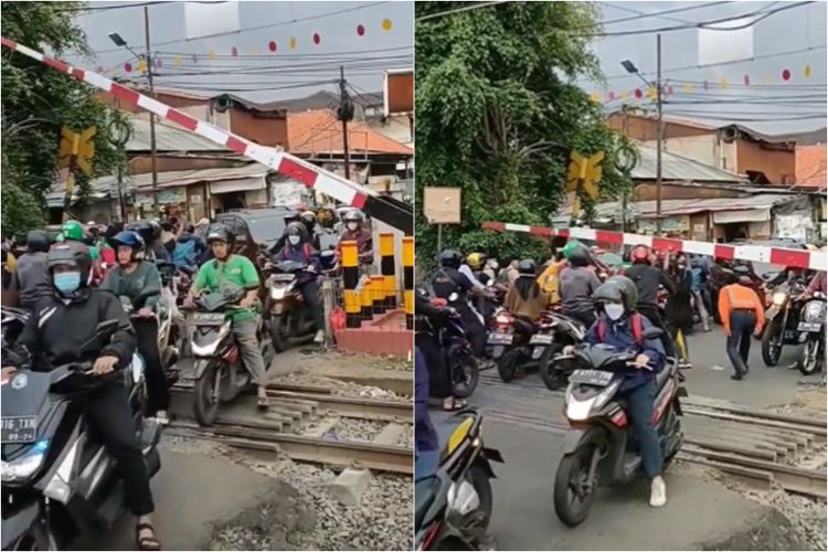 Detik-detik Palang Kereta Api Tertutup tapi Warga Keukeuh Lewat, Tumpukan Kendaraan Tertahan di Rel