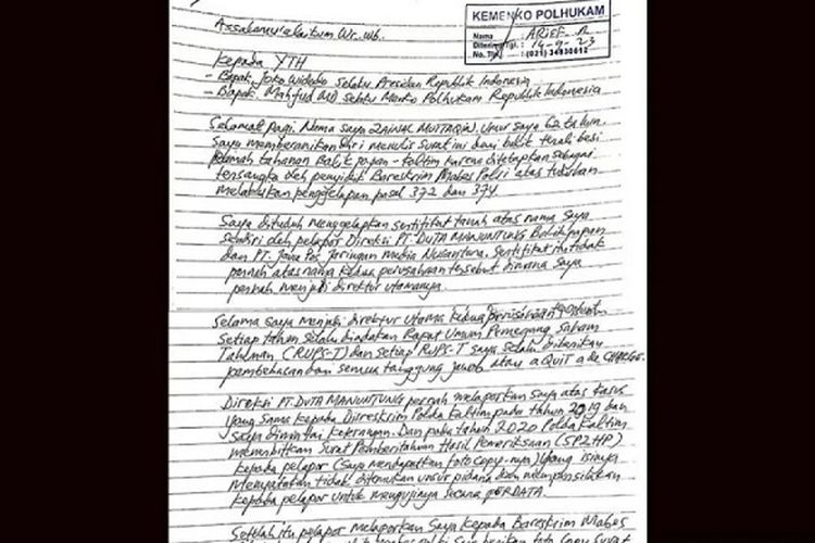 Isi Surat untuk Jokowi dan Mahfud MD Terkait Kasus Aset Tanah dari Zainal Muttaqin