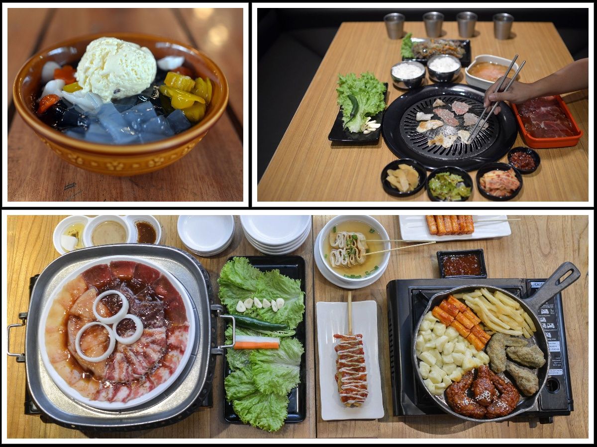 SEARAH jarum jam, makanan penutup Kedai Ling Ling, set barbeku di Haeung-Un, dan set makanan di Chingu Cafe.*