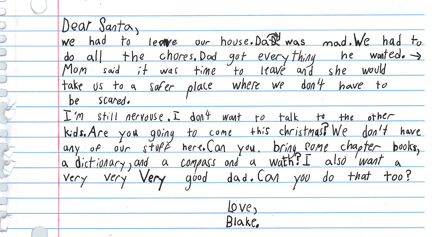 Surat yang ditulis Oleh Blake kepada Santa Claus.