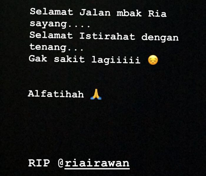 UCAPAN duka Yuni Shara untuk Ria Irawan