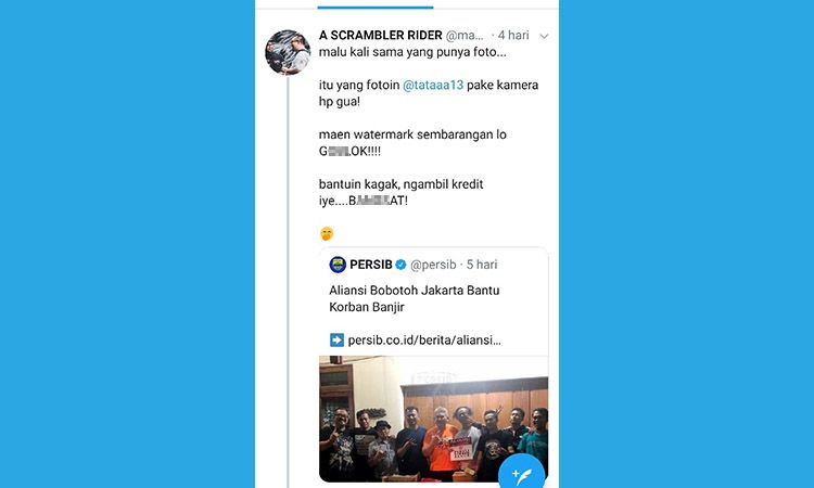 TANGKAPAN layar komentar bobotoh atas unggahan akun Twitter resmi Persib Bandung terkait banjir di Jakarta.*