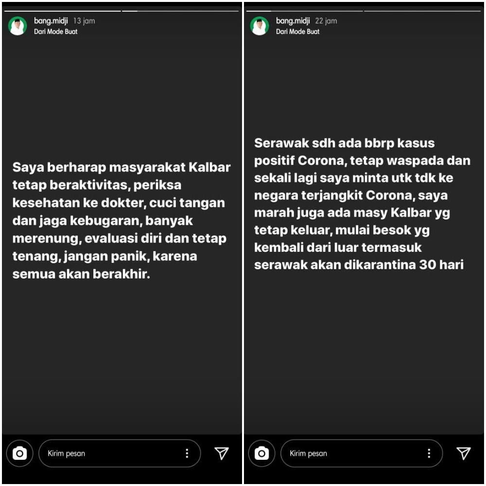 Instagram Story Gubernur Kalimatan Barat, Sutarmidji yang peringati warganya terkait kasus virus corona di Indonesia.*