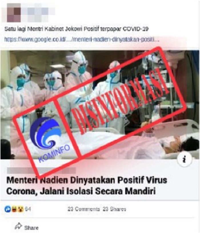DISINFORMASI Mendikbud Nadiem Makarim positif virus corona.*